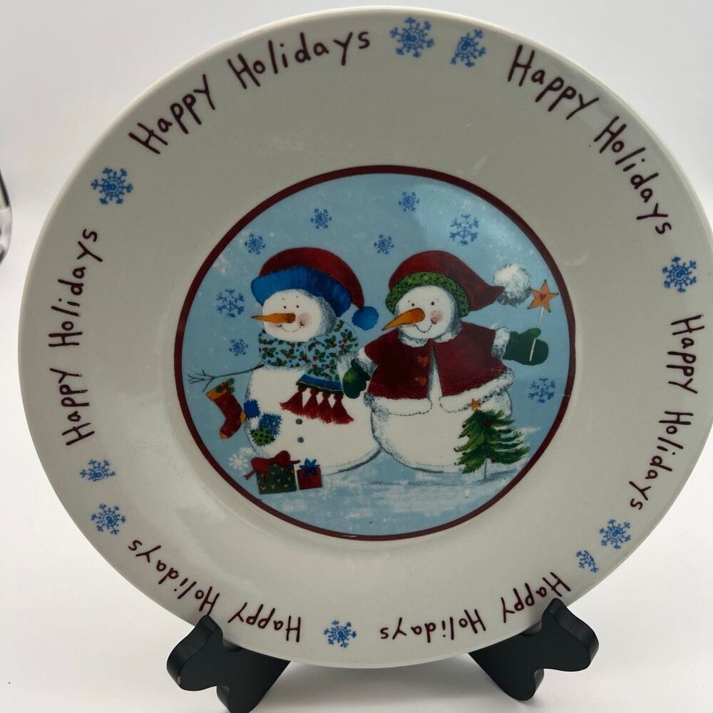 Winter Dinner Plate White Round‎ Happy Holidays Snowflakes Snowman Couple Dish